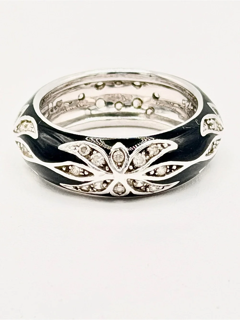 Designer Hildalgo Sterling Silver Black Enamel & CZ Floral Design Band Ring